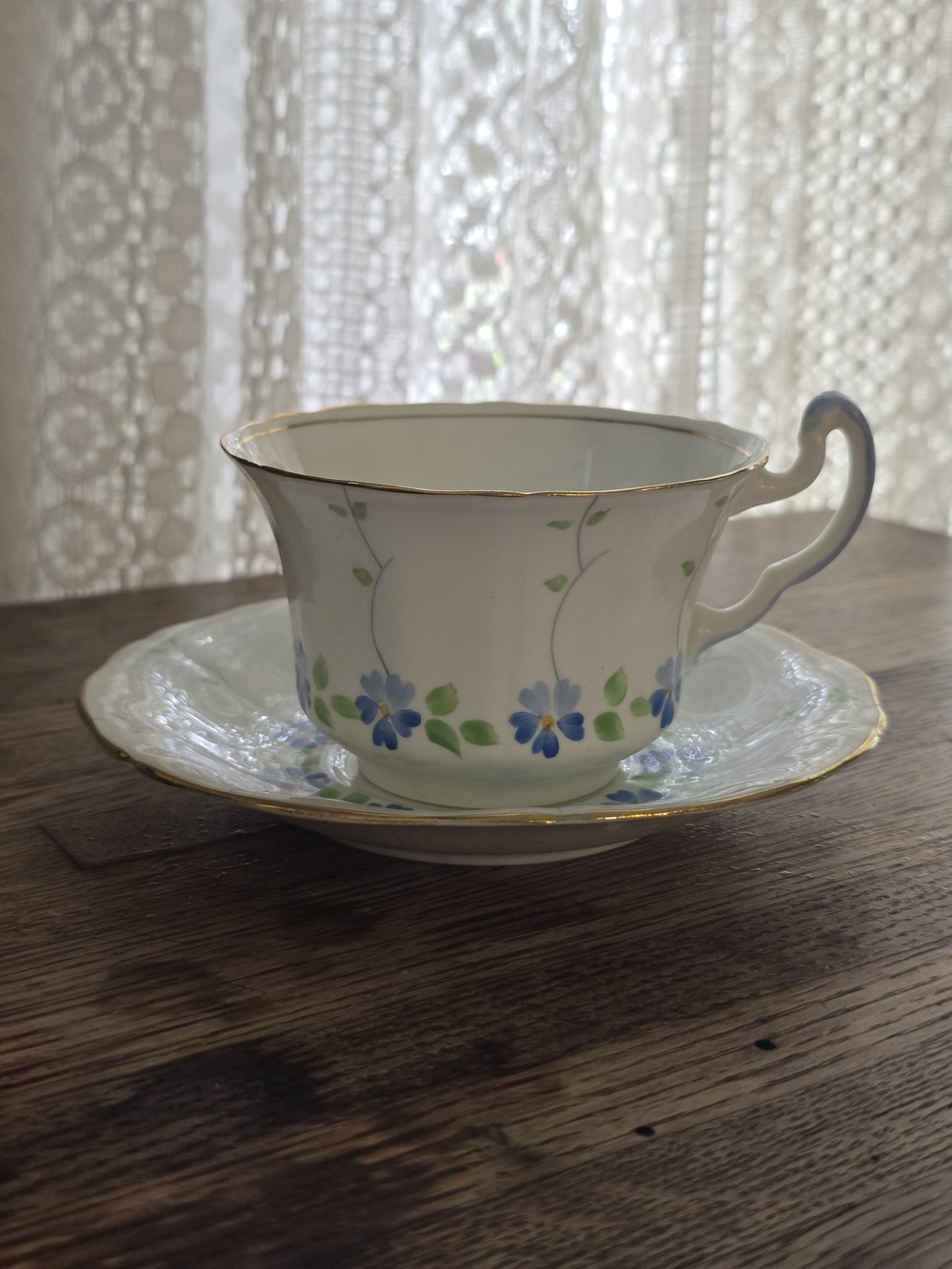 Vintage Adderley Lawley England White, Blue, Gold Bone China Teacup & Saucer Set
